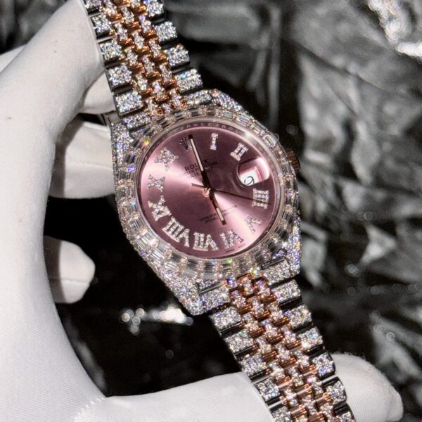 Rolex Replica Watch DateJust With Full Moissanite Diamond Pink Dial 41mm