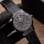 Hublot Classic Fusion Ceramic Carbon Dial Replica Watch Leather Strap GSF 42mm