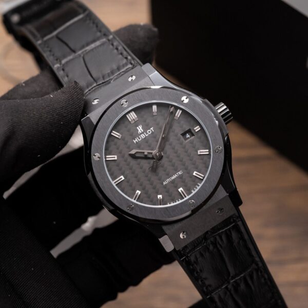 Hublot Classic Fusion Ceramic Carbon Dial Replica Watch Leather Strap GSF 42mm