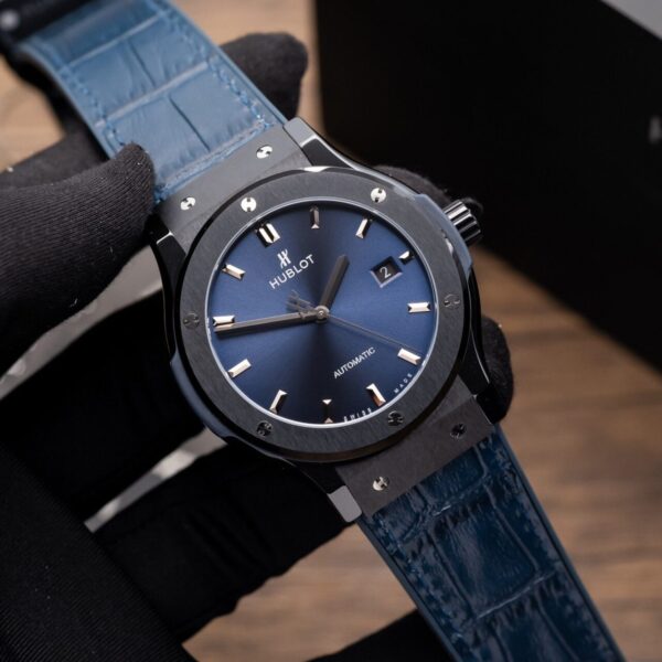 Hublot Classic Fusion Ceramic Blue Dial Replica Watch Leather Strap GS Factory 42mm
