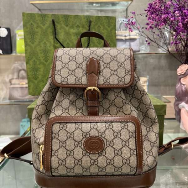 Gucci Beige Super High-end Interlocking G Backpack Brown Canvas Fabric 26.5x30x13cm