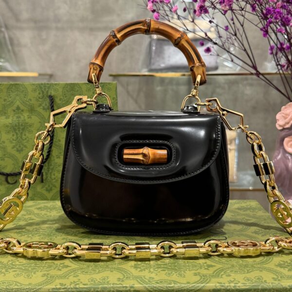 Gucci Bamboo 1947 Mini Top Handle Super Premium Black Patent Leather Bag 17cm