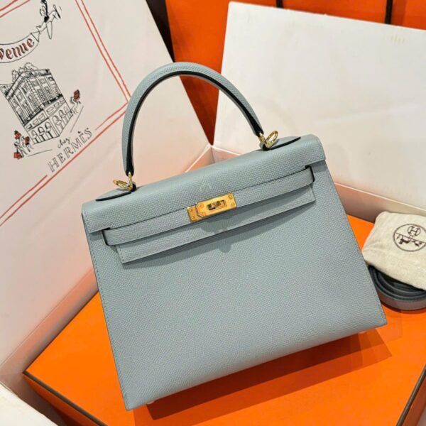 Luxury Hermes Kelly Like Auth Women's Gray Bag with Gold Lock 25cm