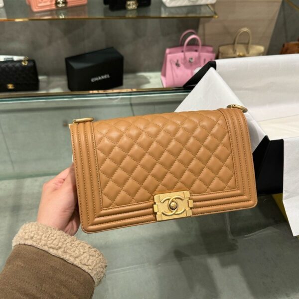Chanel Boy Medium Like Auth Women's Brown Handbag with Gold Lock 25cm