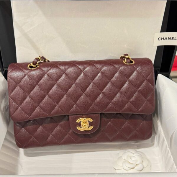 Chanel Classic Like Auth Women's Red Plum Handbag with Gold Lock 25cm