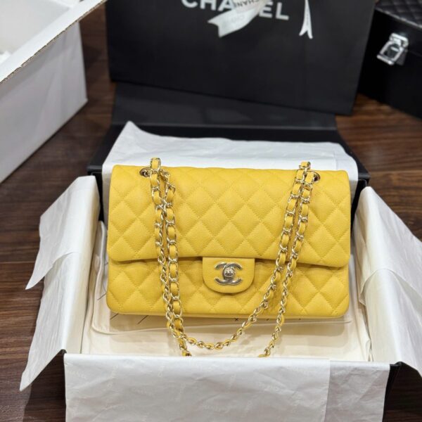 Chanel Classic Women's Sheepskin Yellow Like Auth 23cm Handbag