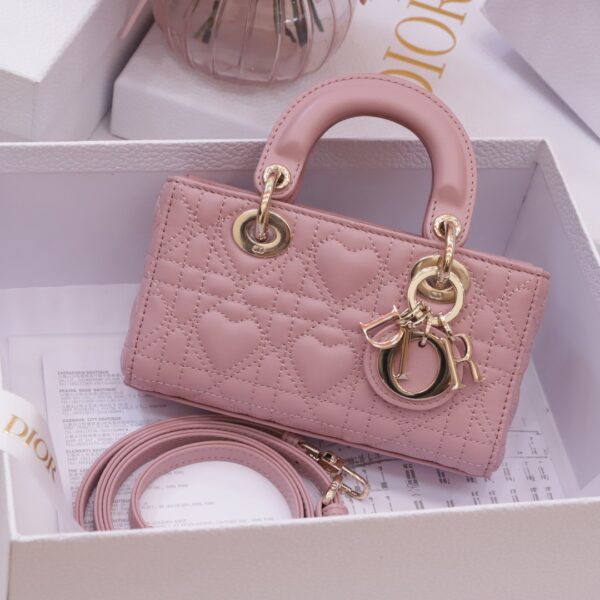 Dior Lady D-Joy Super Premium Pink Heart Pattern Women's Handbag 16.5x10x6cm