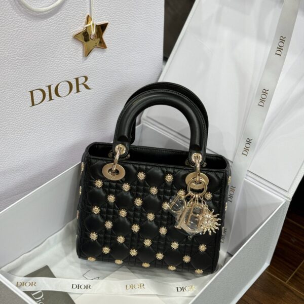 Dior Lady Like Auth Women's Black Sun Face Pattern 20cm Handbag