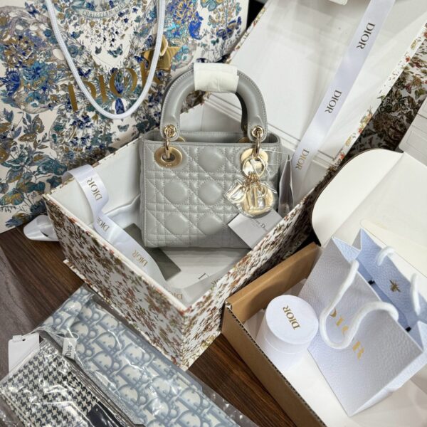 Dior Lady Like Auth Women's Gray Handbag with Gold Lock 17cm