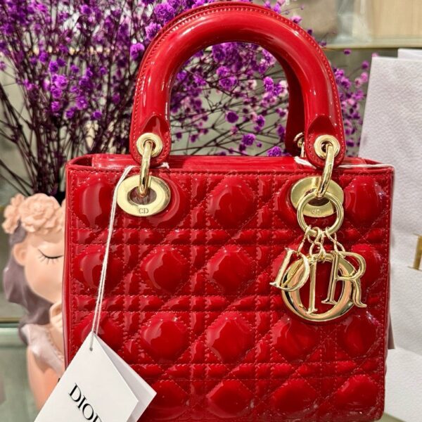 Dior Lady Red Super Premium Glossy Leather Women's Bag 20cm