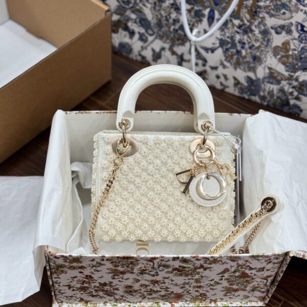 Dior Lady Women's Like Auth Pearl-Embellished Pattern Bag 17cm