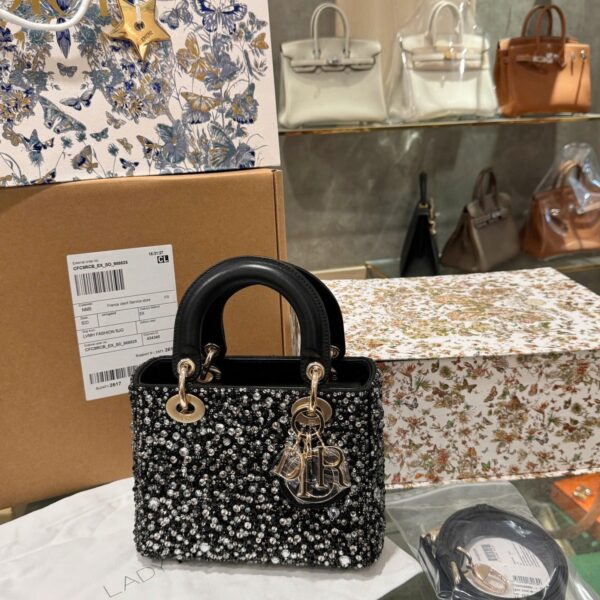 Dior Lady Black Crystal-Embellished Women's Handbag Like Auth 20cm