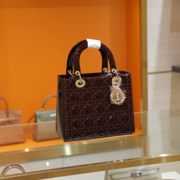 Dior Lady Red Plum Women's Handbag with Gold-Plated Lock 24cm