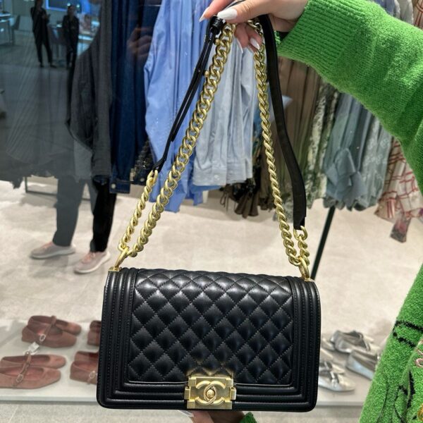 Chanel Boy Medium High-end Black Super Grade Handbag with Gold Lock 25cm