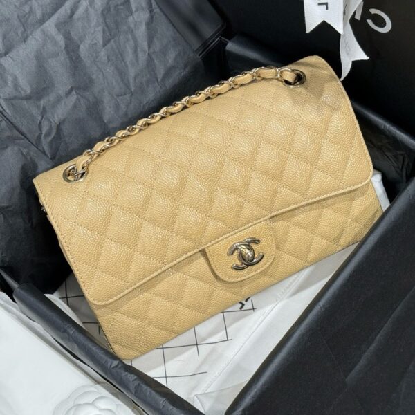 Chanel Classic Women's High-end Light Yellow Handbag with Silver Lock 25cm