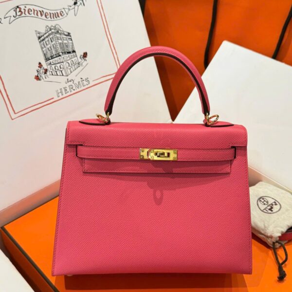 Luxury Hermes Kelly Women's Dark Pink Handbag with Gold Lock 25cm