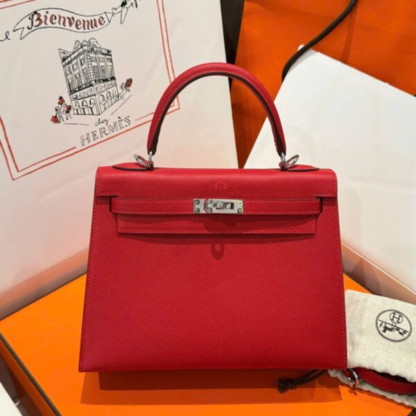 Hermes Kelly Like Auth Women's Red Handbag with White Lock 25cm