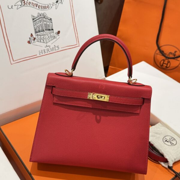 Hermes Kelly Like Auth Women's Red Handbag with Gold Lock 25cm