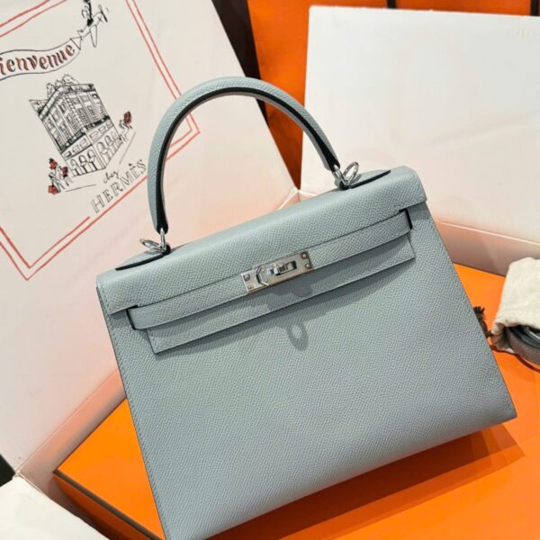 Hermes Kelly Replica 11 Women's Gray Handbag with White Lock 25cm