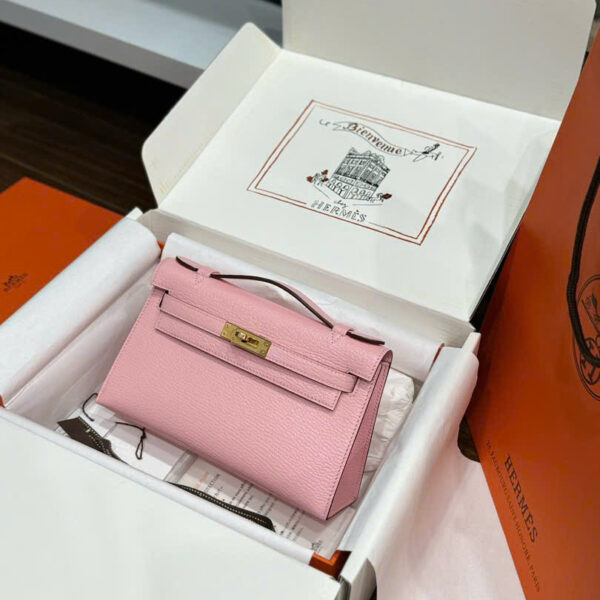 Hermes Pochette Like Auth Women's Pink Bag with Gold Lock 22cm