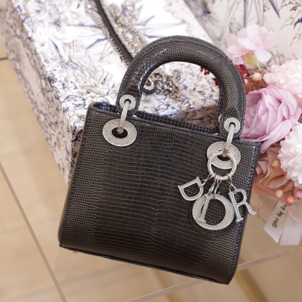 Dior Lady Rep 11 High-end Black Lizard Skin Women's Handbag 17cm