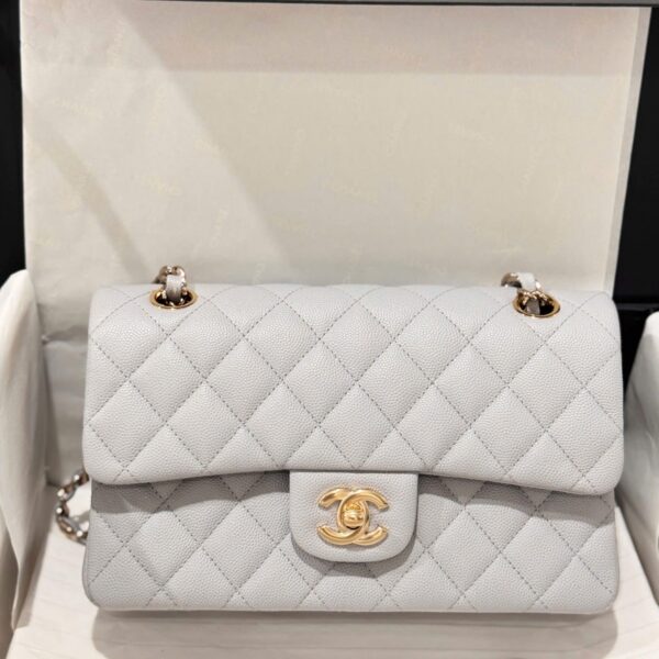 Chanel Classic Gray Women's Handbag with Gold Lock 23cm
