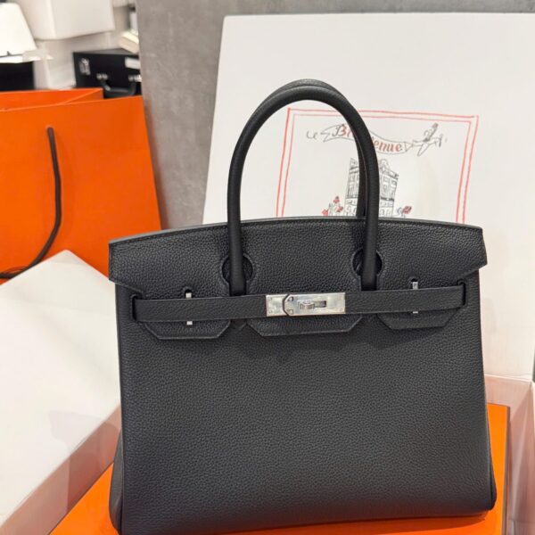 Women's Hermes Birkin Like Auth Black Bag with White Lock 30cm