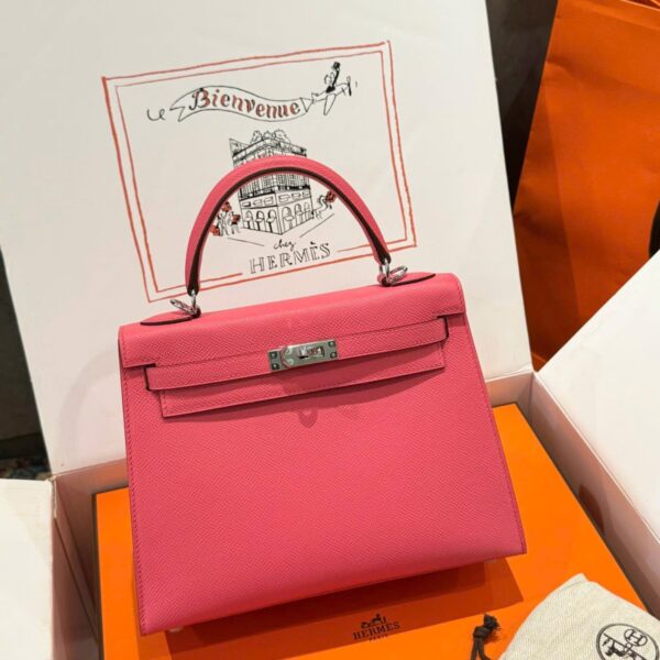Women's Hermes Kelly Like Auth Dark Pink Handbag with White Lock 25cm