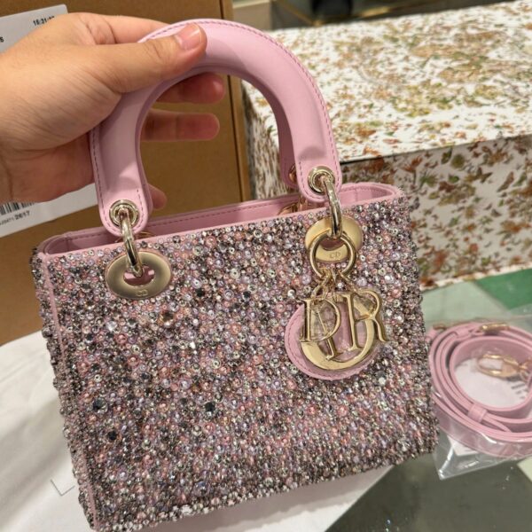 Women's Handbag Like Auth Dior Lady Pink Crystal-embellished 20cm