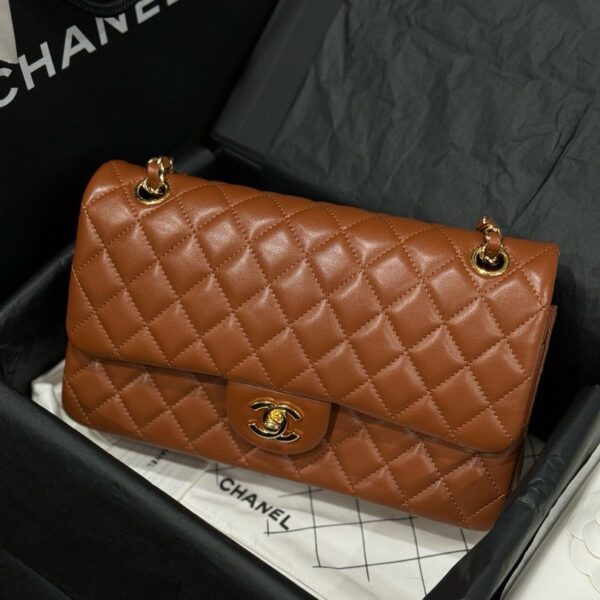 Chanel Premium Women's Smooth Brown Leather Handbag with Gold Lock 25cm