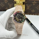 Audemars Piguet Imitation Watches Royal Oak Openworked Frosted 15412 Case Rose Gold Bezel Stone Baguette 41mm