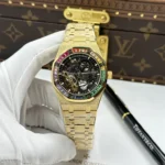 Audemars Piguet Replica Watches Royal Oak Openworked Frosted 15412 Case Yellow Bezel Stone Baguette 41mm