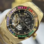Audemars Piguet Replica Watches Royal Oak Openworked Frosted 15412 Case Yellow Bezel Stone Baguette 41mm - Image 4